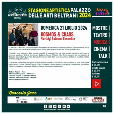 Loc. Pierluigi Balducci con il suo ensemble “Kosmos & Chaos” prossimo appuntamento di Jazz a Corte in scena a Palazzo delle Arti Beltrani a Trani